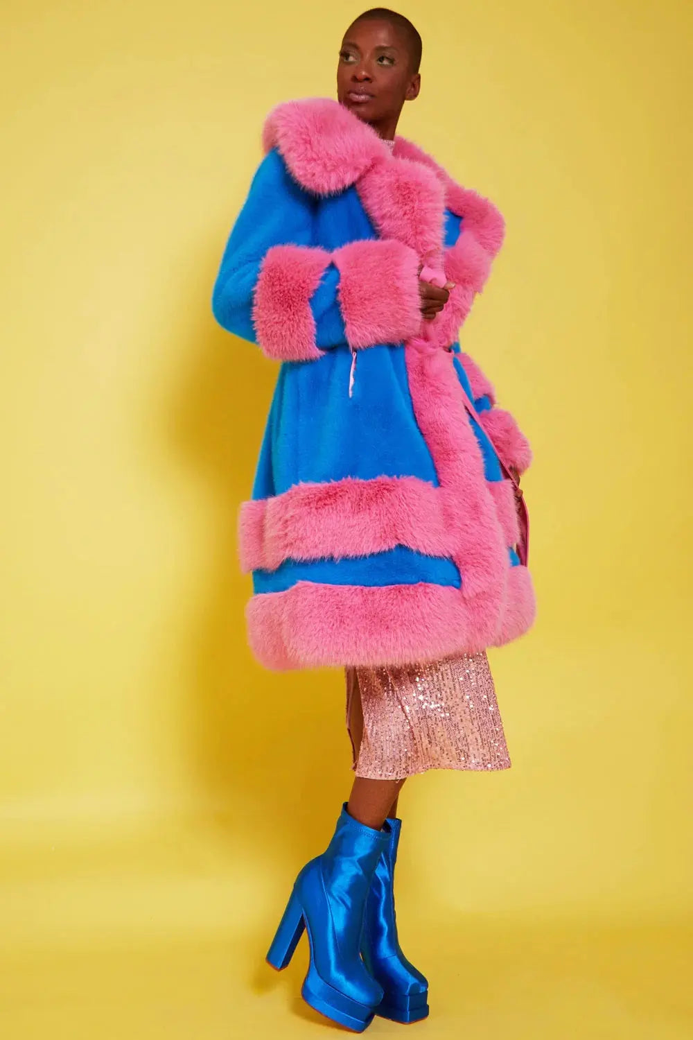 Handmade Bamboo Pink - Blue Faux Fur Coat-1