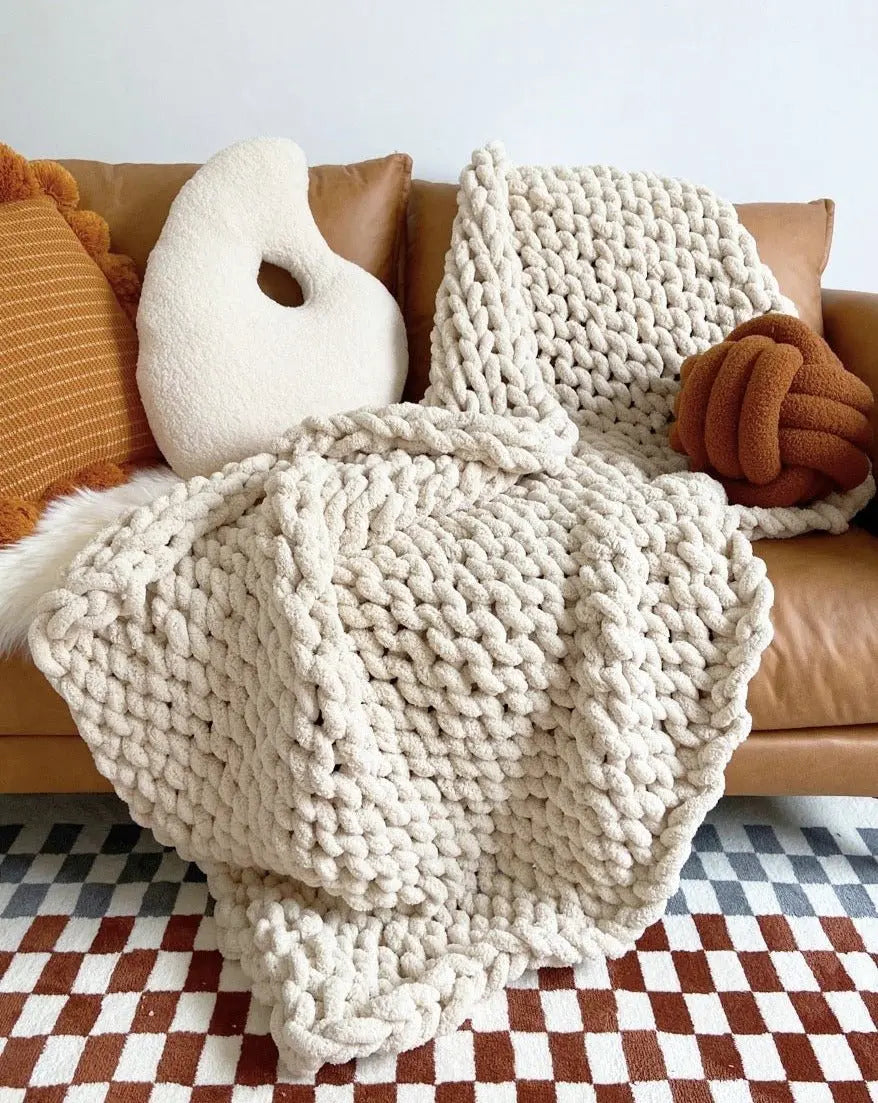 Handmade Beige Chunky Fluffy Knit Throw Blanket - Cozy and Soft Chenille Yarn-0