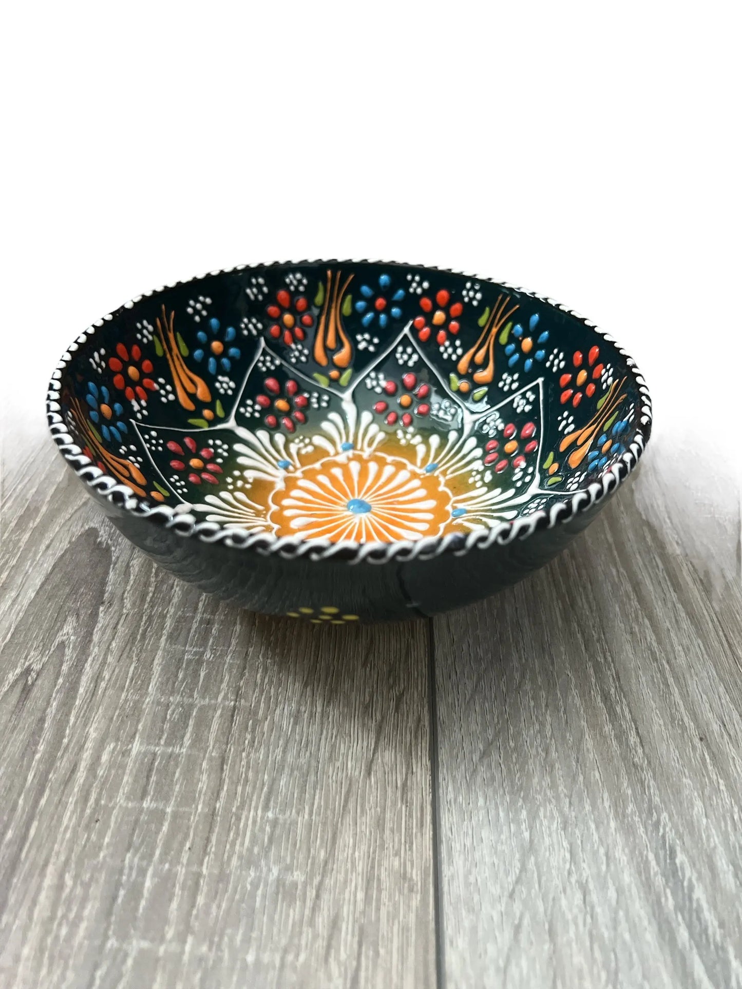 Handmade Ceramic Bowl Mexican Teal Blue and Orange 15cm-1