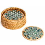Handmade Natural Rattan & Mother of Pearl Coaster Set (6 Piece + Holder) • Cascade-0