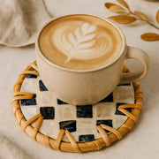 Handmade Natural Rattan & Mother of Pearl Coaster Set (6 Piece + Holder) • Drift-1