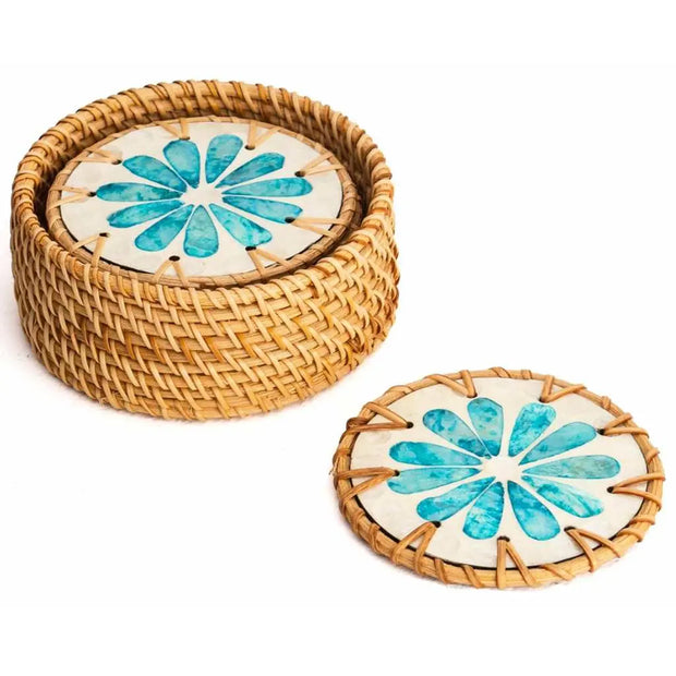 Handmade Natural Rattan & Mother of Pearl Coaster Set (6 Piece + Holder) • Ripple-0