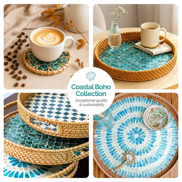 Handmade Natural Rattan & Mother of Pearl Coaster Set (6 Piece + Holder) • Ripple-4