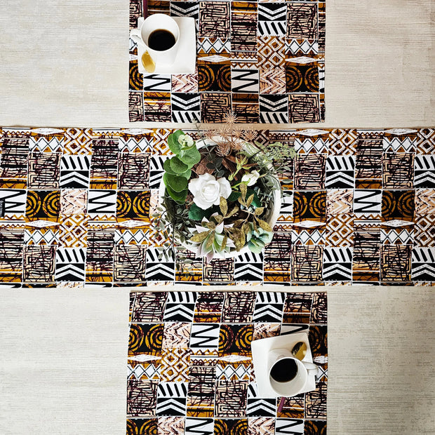 Handmade Table Runner and Set of 4 Placemats | African Print "Mudcloth" Bogolan Inspired Print Made from 100% African Print Fabric-0