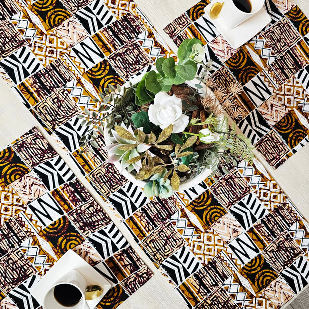Handmade Table Runner and Set of 4 Placemats | African Print "Mudcloth" Bogolan Inspired Print Made from 100% African Print Fabric-1