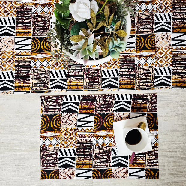 Handmade Table Runner and Set of 4 Placemats | African Print "Mudcloth" Bogolan Inspired Print Made from 100% African Print Fabric-2