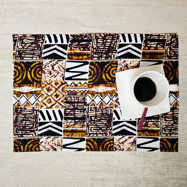 Handmade Table Runner and Set of 4 Placemats | African Print "Mudcloth" Bogolan Inspired Print Made from 100% African Print Fabric-3