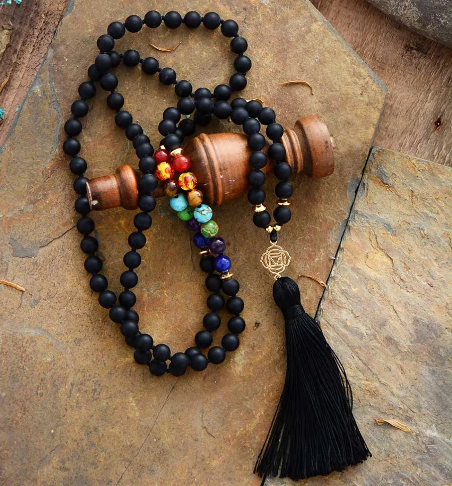 Black Onyx 7 Chakra Mala Necklace 108 Beads-1