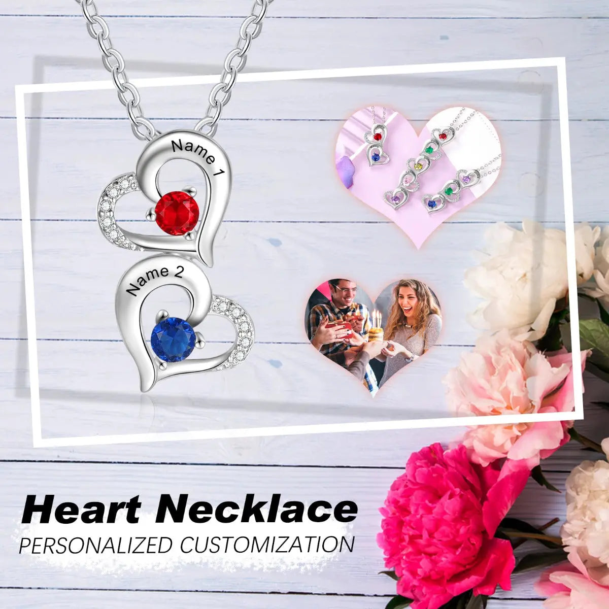 Hearts Pendant Necklace with Birthstones-1