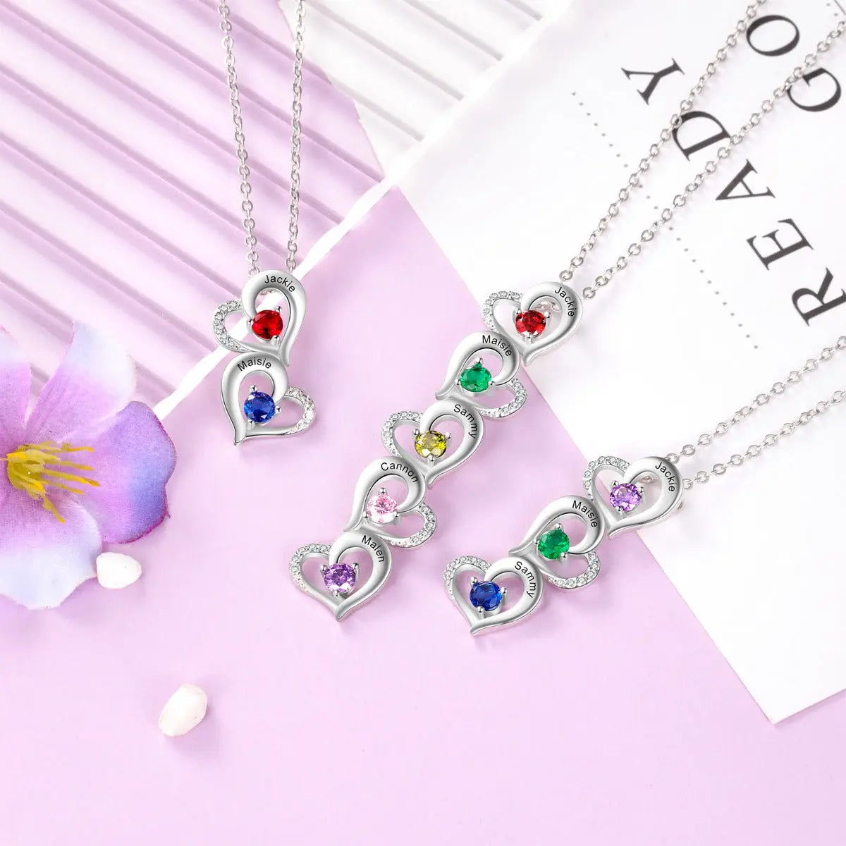 Hearts Pendant Necklace with Birthstones-3