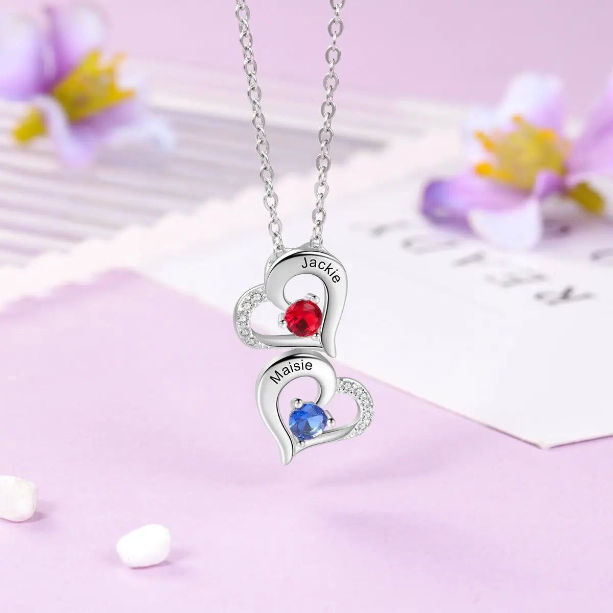 Hearts Pendant Necklace with Birthstones-4