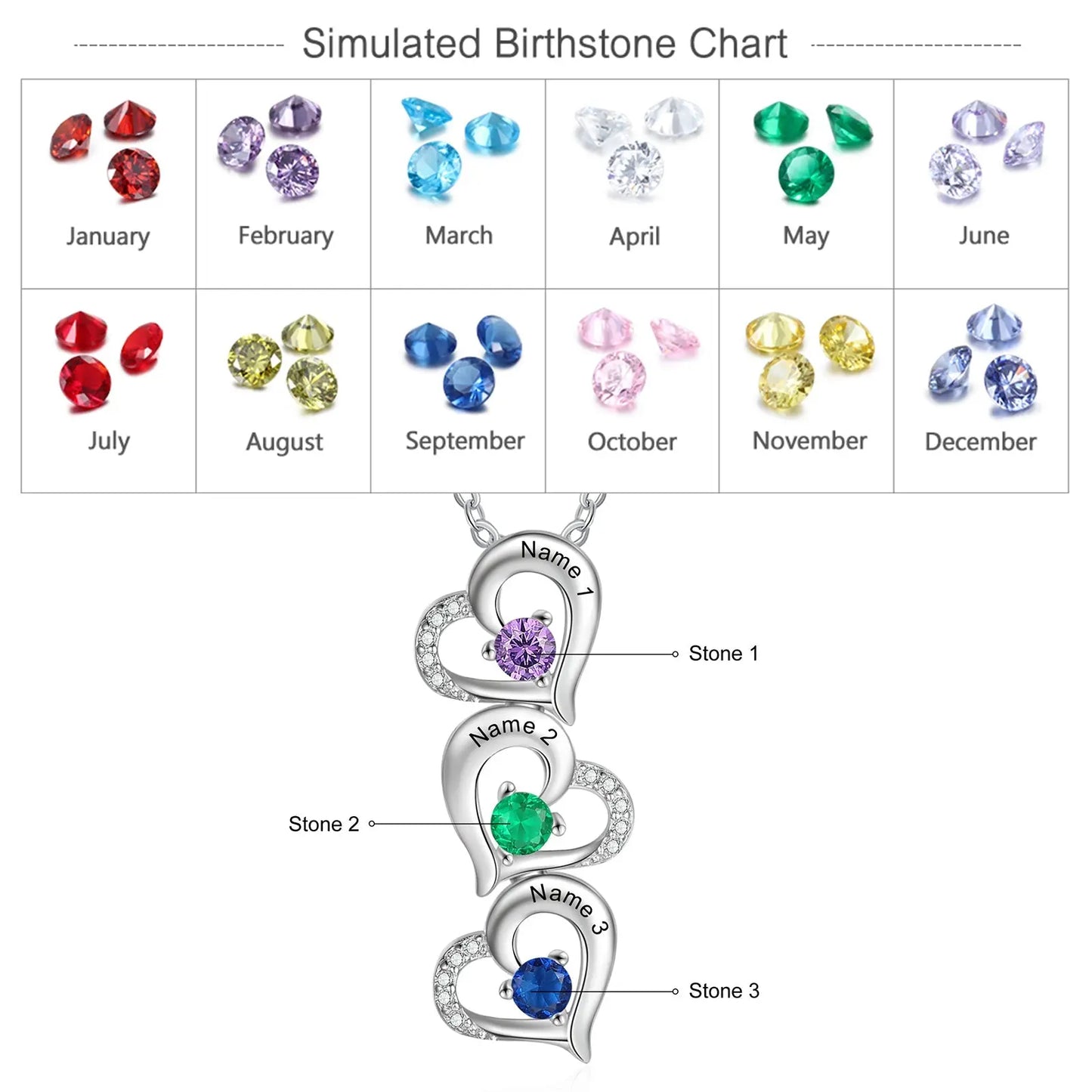 Hearts Pendant Necklace with Birthstones-7