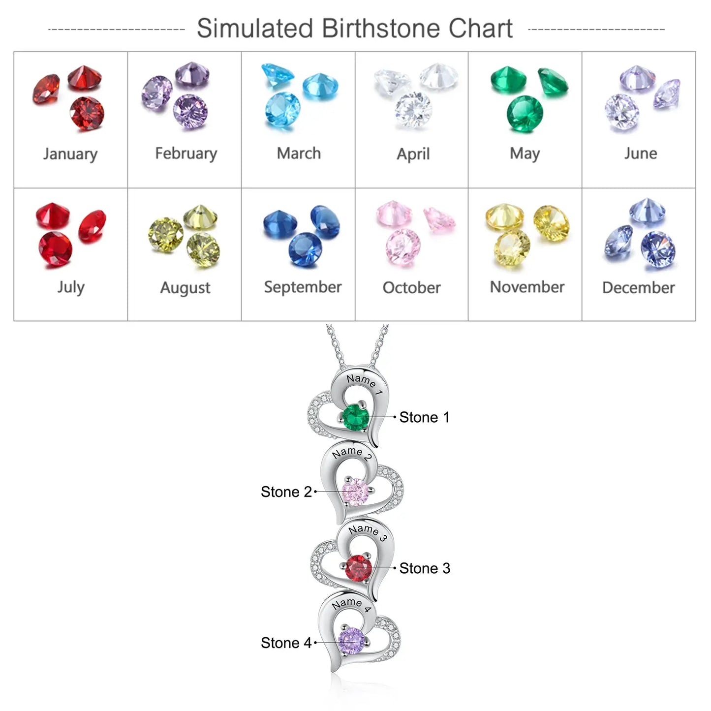 Hearts Pendant Necklace with Birthstones-8