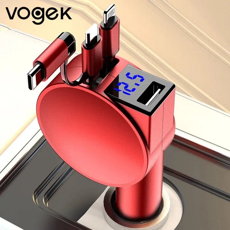 Vogek 3-in-1 Car Charger 60W Super Fast Charging for iPhone Xiaomi Huawei Samsung with Telescopic Charging Cables and Adapters - Memoriex 