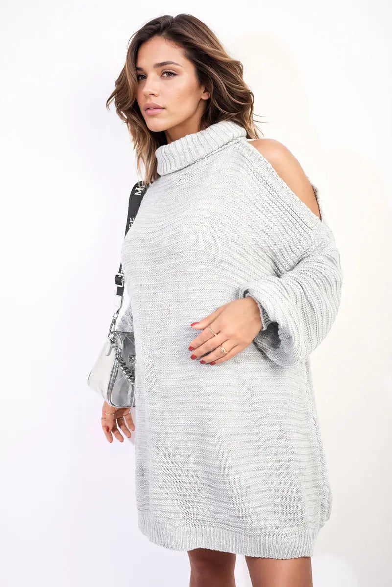 High Neck Oversized Open Shoulder Long Sleeve Knitted Jumper-0