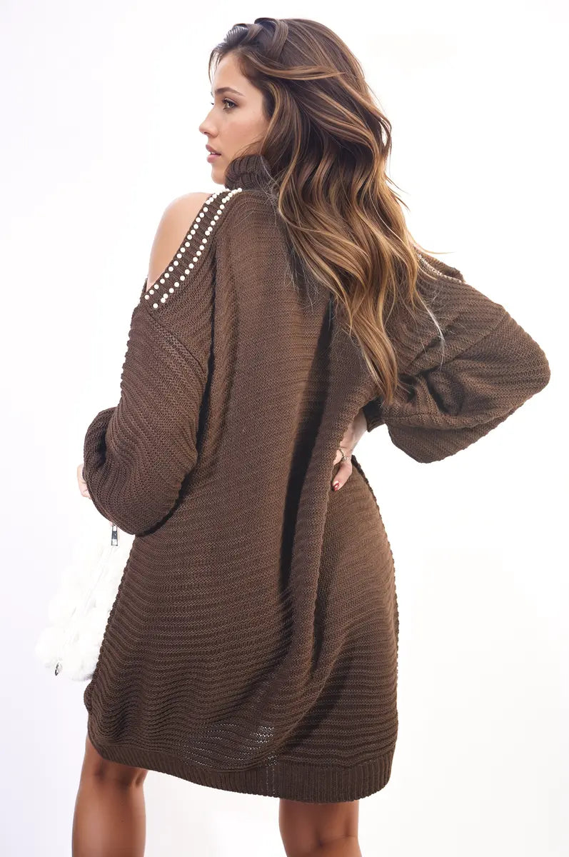 High Neck Oversized Open Shoulder Long Sleeve Knitted Jumper-3