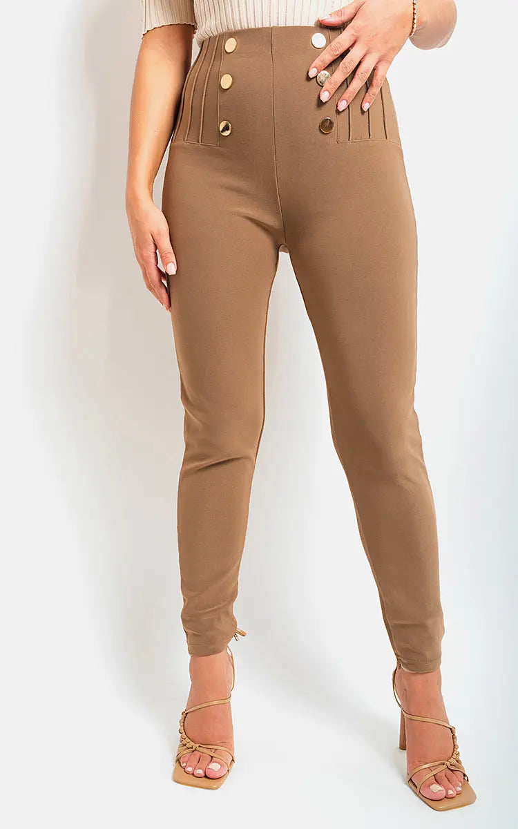 High Waisted Button Front Detail Trouser-0