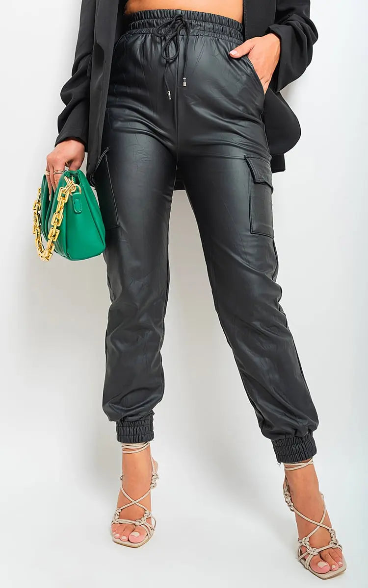 High Waisted Faux Leather Cargo Trousers-3