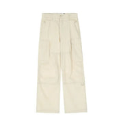 High street solid color multi pocket cargo pants men ins street punk loose open line straight wide leg cropped pants - Memoriex 