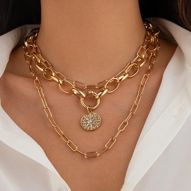 Hip hop style alloy Cuban necklace 3-piece set, round spring buckle collarbone chain set - Memoriex 