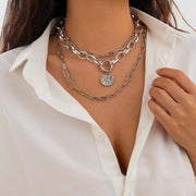 Hip hop style alloy Cuban necklace 3-piece set, round spring buckle collarbone chain set - Memoriex 