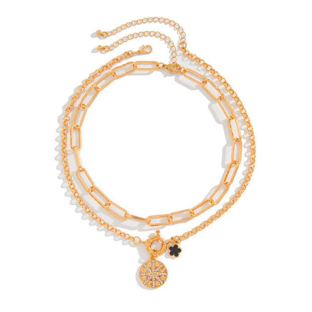 Hip hop style alloy Cuban necklace 3-piece set, round spring buckle collarbone chain set - Memoriex 