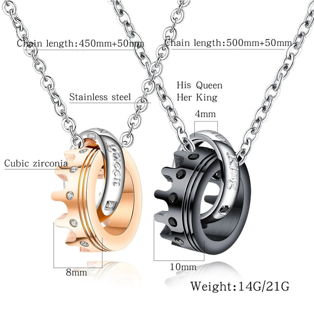 His Queen Her King Titanium Couples Valentine's Day Gift Necklace With Diamond Crown Pendant Tanabata Necklace - Memoriex 