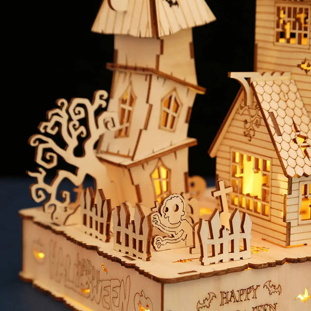 Houses halloween led light 3D wooden jigsaw puzzle puzzle toys handmade DIY gifts - Memoriex 