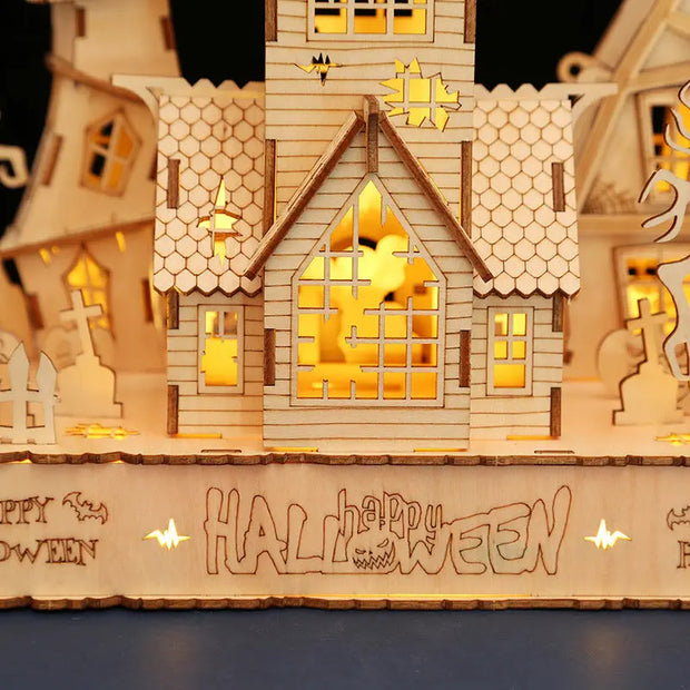 Houses halloween led light 3D wooden jigsaw puzzle puzzle toys handmade DIY gifts - Memoriex 