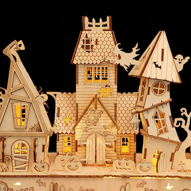 Houses halloween led light 3D wooden jigsaw puzzle puzzle toys handmade DIY gifts - Memoriex 