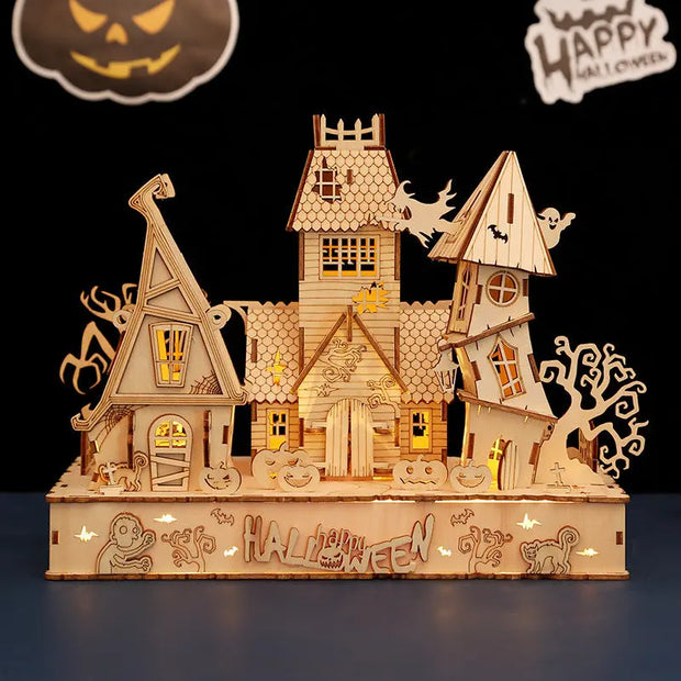 Houses halloween led light 3D wooden jigsaw puzzle puzzle toys handmade DIY gifts - Memoriex 
