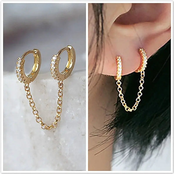 Huitan One PCS Hot Sale Two Hole Piercing Earrings for Women Brilliant Crystal Zircon 3 Metal Color Chain Earring Party Jewelry - Memoriex 