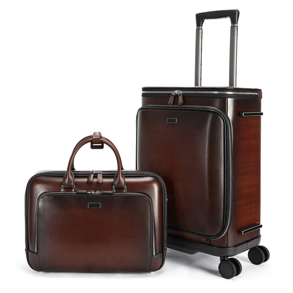Unisex Genuine Vintage  Calfskin Leather Check-In Carry On Universal Wheel 20 Inch Travelling Trolley Luggage Business Trolley Bag  With Briefcase-0