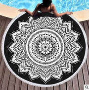 Indian Round Beach Towel Boho Tassel Mandala Lotus Tapestry Yoga Mat Toalla Floral Black and White Blanket 150cm - Memoriex 