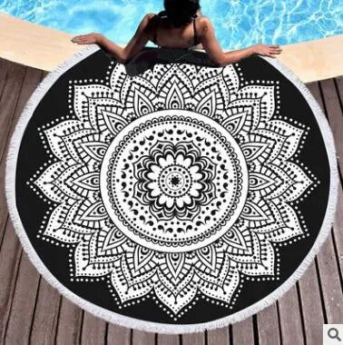 Indian Round Beach Towel Boho Tassel Mandala Lotus Tapestry Yoga Mat Toalla Floral Black and White Blanket 150cm - Memoriex 