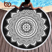 Indian Round Beach Towel Boho Tassel Mandala Lotus Tapestry Yoga Mat Toalla Floral Black and White Blanket 150cm - Memoriex 