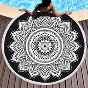 Indian Round Beach Towel Boho Tassel Mandala Lotus Tapestry Yoga Mat Toalla Floral Black and White Blanket 150cm - Memoriex 