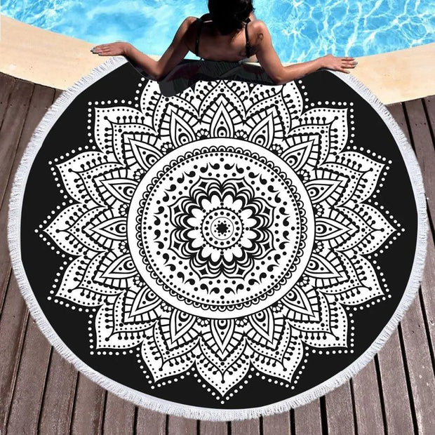 Indian Round Beach Towel Boho Tassel Mandala Lotus Tapestry Yoga Mat Toalla Floral Black and White Blanket 150cm - Memoriex 