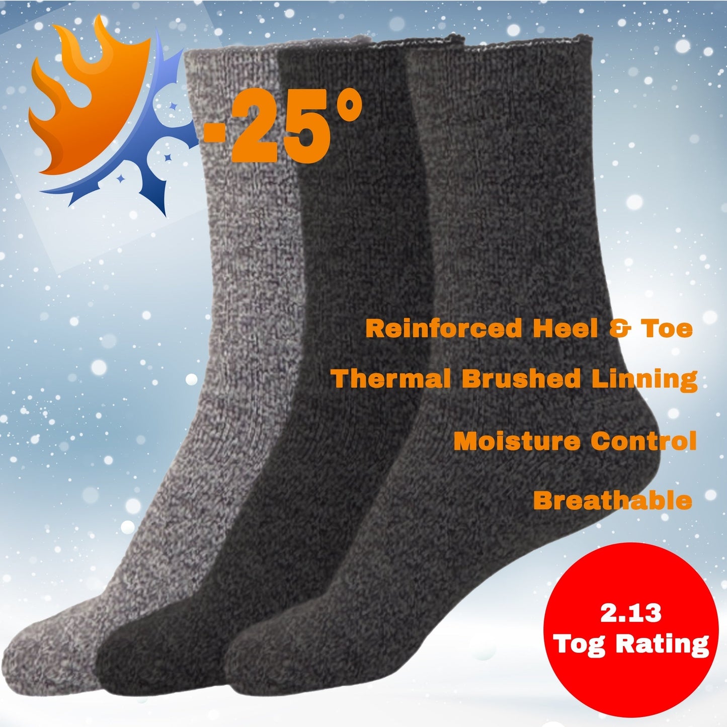 Mens 2.13 Tog Heated Fleece Lined Thermal Socks - Pack of 3-0