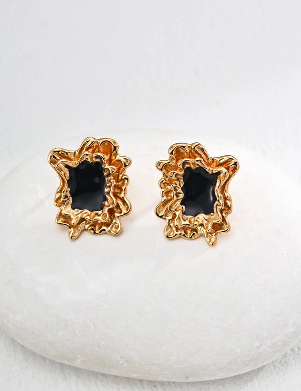Irregular Gold Splash Frame Enamel Stud Earrings-0