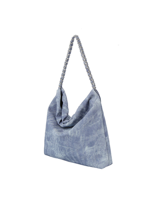 Denim large hobo tote bag with chain detail strap by Handbag Factory-0