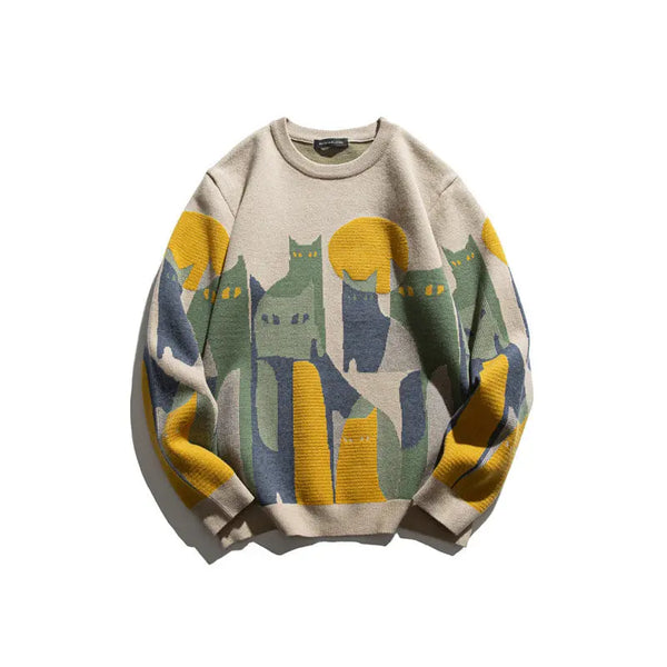 Jacquard round neck sweater loose knit sweater for men - Memoriex 