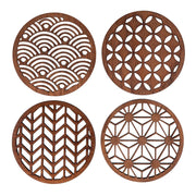 Japanese Patterns Upcycled Teak Wood Coasters - Individual / Set of 4 - Memoriex 