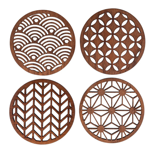 Japanese Patterns Upcycled Teak Wood Coasters - Individual / Set of 4 - Memoriex 