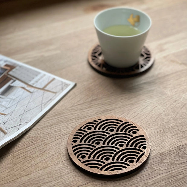 Japanese Patterns Upcycled Teak Wood Coasters - Individual / Set of 4 - Memoriex 