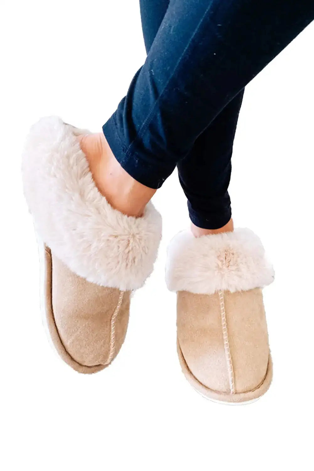 Khaki Cut and Sew Faux Suede Plush Lined Slippers-6