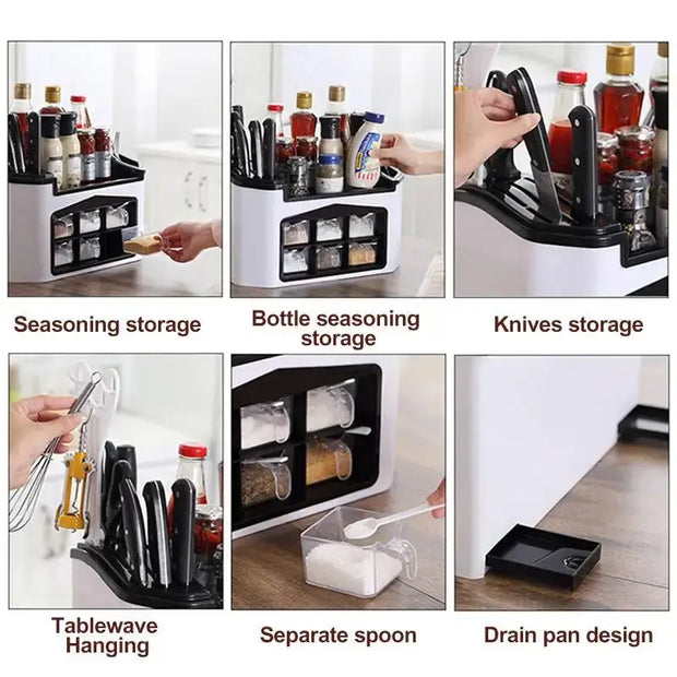 Kitchen Shelf Seasoning Container Spice Pots Box Storage Organizer Tableware Cutlery Knives Holder With Moisture Proof Cover - Memoriex 