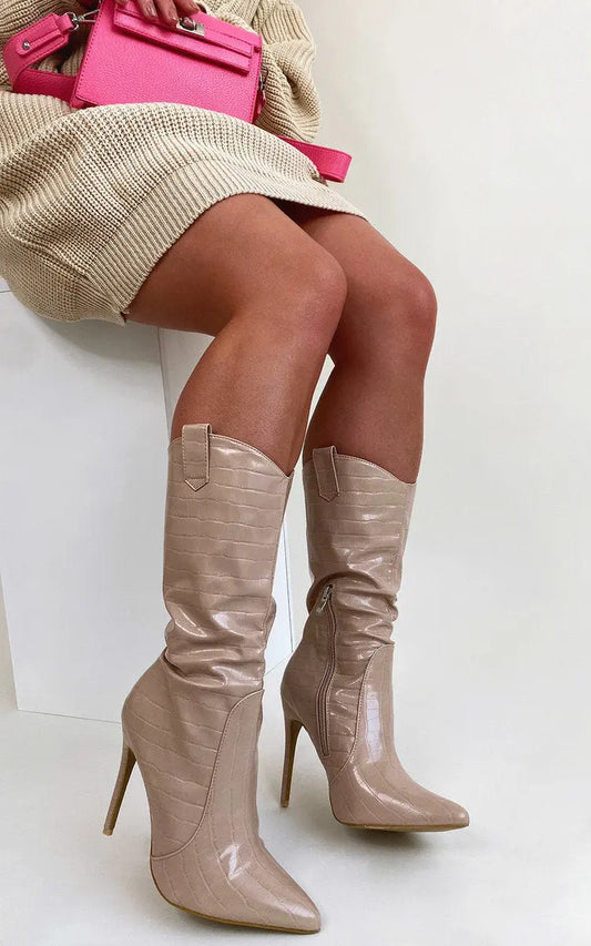 Knee High Pointed Heel Boots - Memoriex 