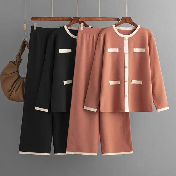 Knitted wide leg pants slimming and age reducing two-piece set, small fragrance style fashionable casual suit for women - Memoriex 