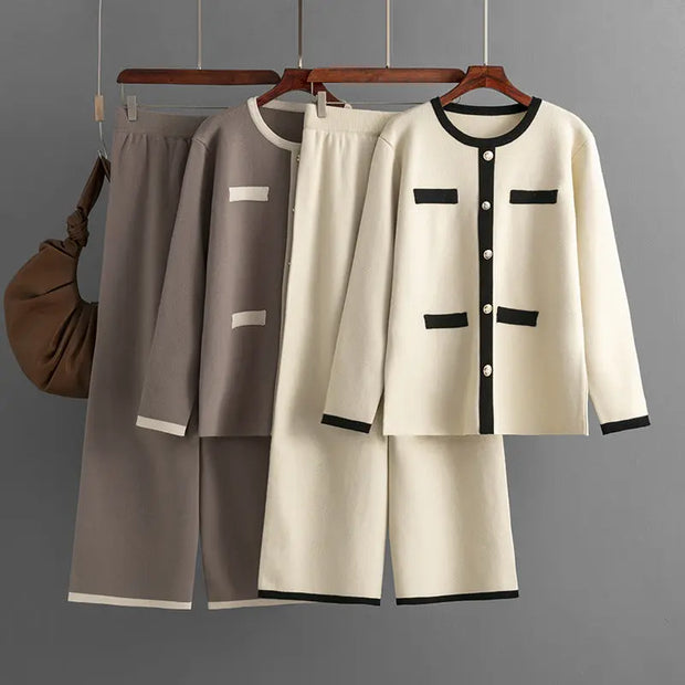 Knitted wide leg pants slimming and age reducing two-piece set, small fragrance style fashionable casual suit for women - Memoriex 